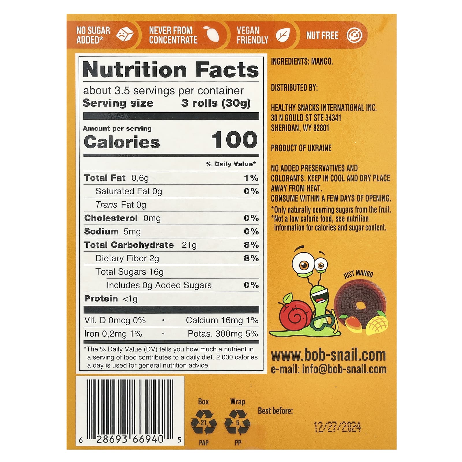 Bob Snail Fruit Rolls Mango 10 Pouches - Short Dated