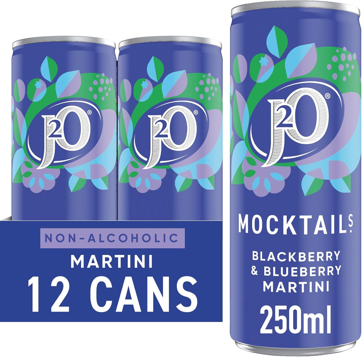 J2O Mocktail Blackberry and Blueberry Martini 12 x 250ml - Out of Date