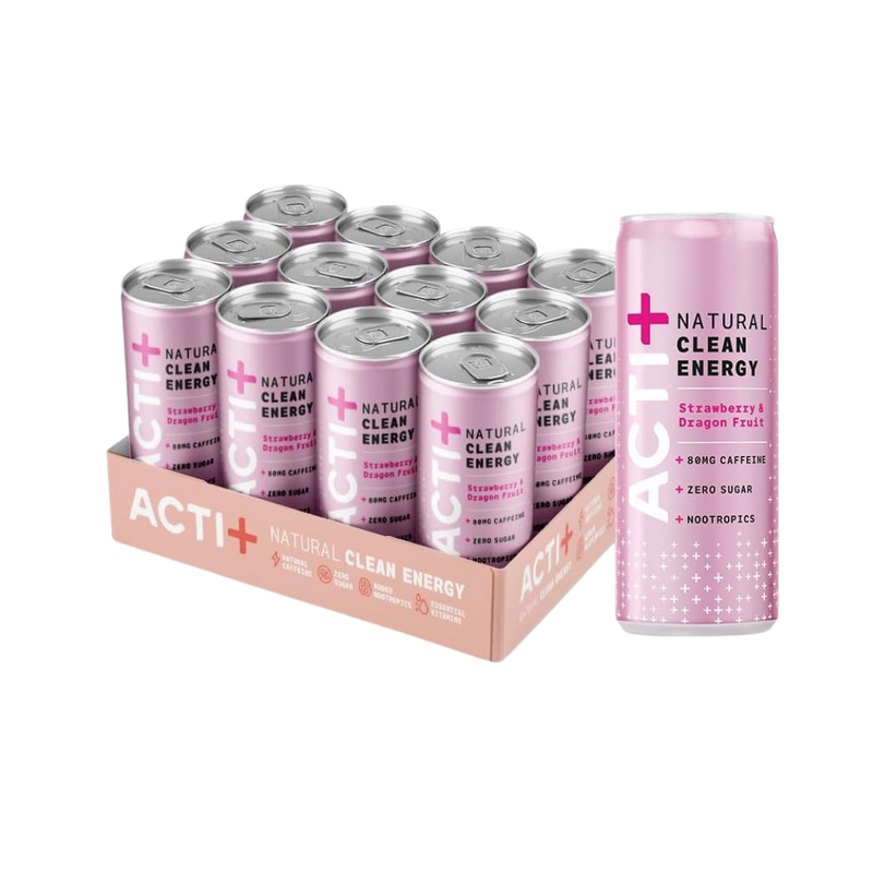 Actiph Acti+ Clean Energy + Nootropics Drink Strawberry & Dragon Fruit 12 x 250ml - Short Dated