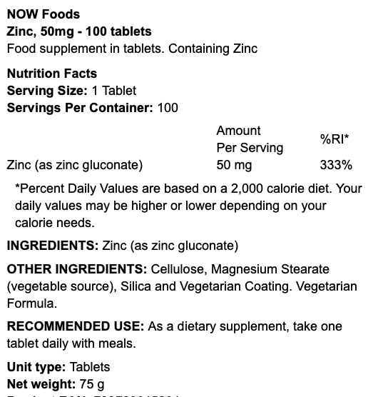 NOW Foods Zinc 50mg 100 Tabs