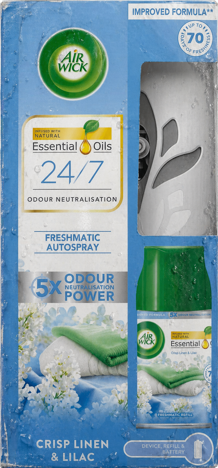 Air Wick Automatic Air Freshener Freshmatic Spray Kit (Crisp Linen & Lilac) 1 Gadget & 250ml Refill - Water Damaged Packaging