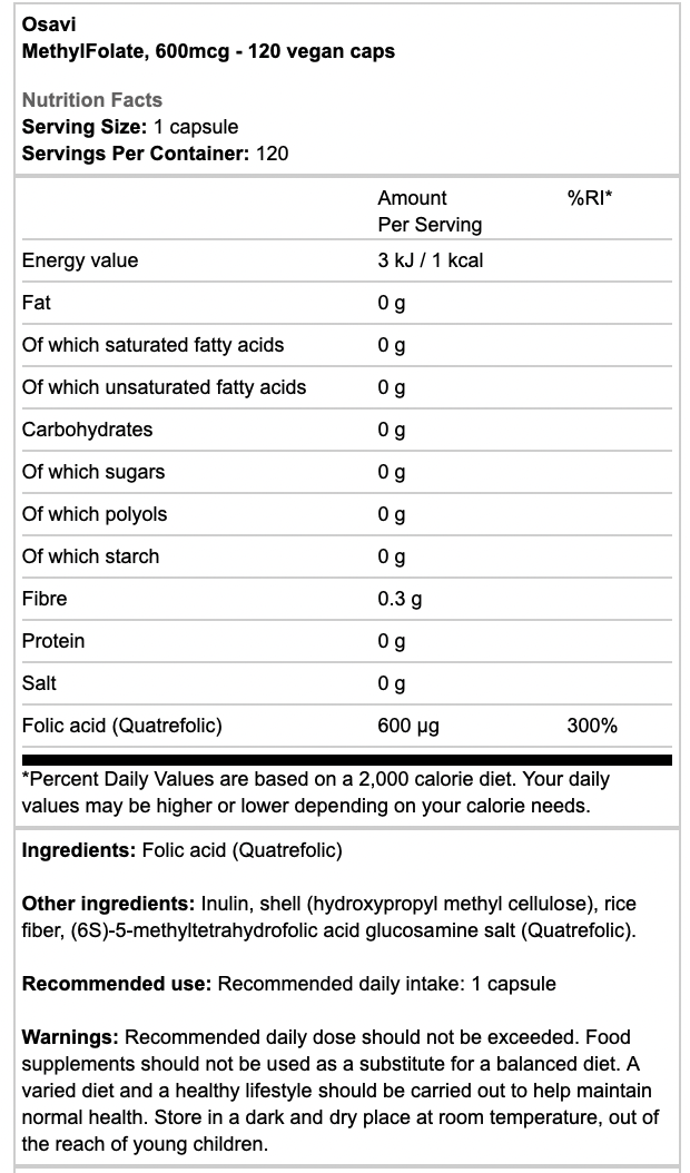 Osavi MethylFolate 600mcg Vegan Caps - Out of Date