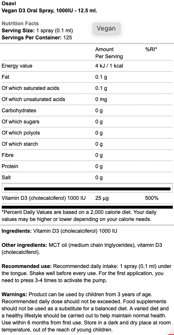 Osavi Vegan D3 Oral Spray 1000IU 12.5ml - Out of Date
